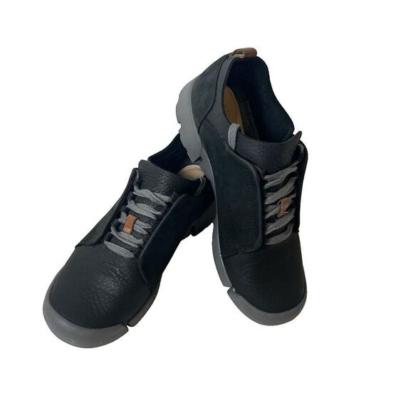 Clarks Womens 6 M Lace Up Sneaker Flat Low Top Black Leather Comfort Casual Shoe - Picture 1 of 11